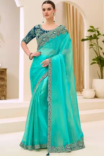 turquoise turquoise tissue ethnic embellished festive wear matching blouse sarees