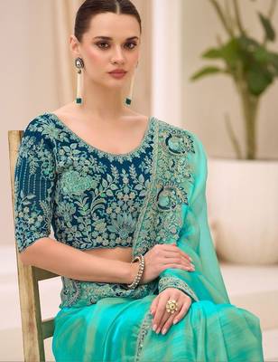 turquoise turquoise tissue ethnic embellished festive wear matching blouse sarees 2