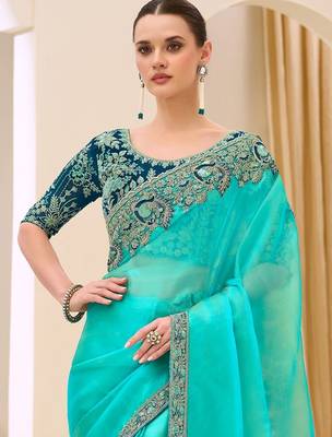 turquoise turquoise tissue ethnic embellished festive wear matching blouse sarees 3