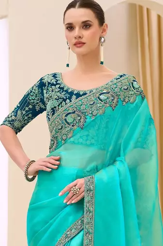 turquoise turquoise tissue ethnic embellished festive wear matching blouse sarees