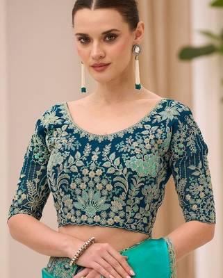 turquoise turquoise tissue ethnic embellished festive wear matching blouse sarees 5
