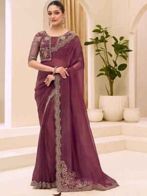 purple sequinned tissue saree with blouse 1