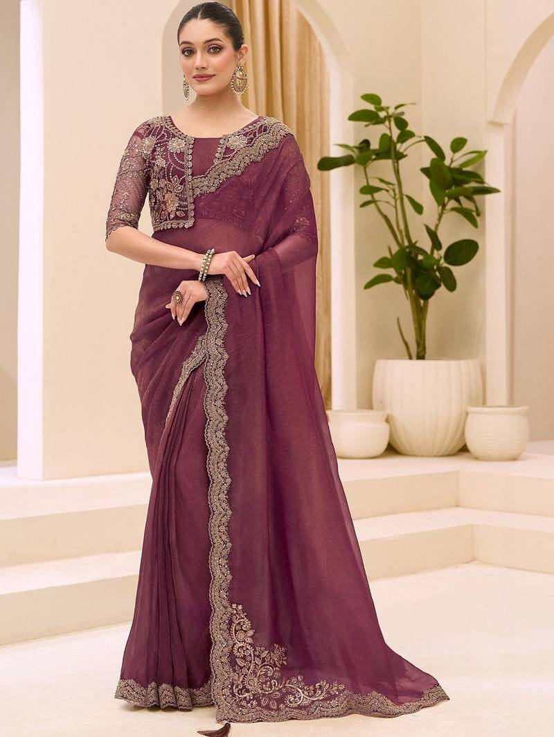 purple sequinned tissue saree with blouse