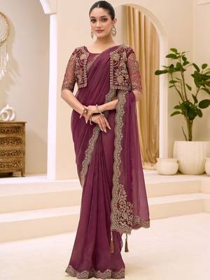 purple sequinned tissue saree with blouse 2