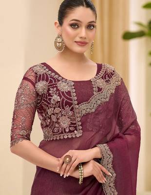 purple sequinned tissue saree with blouse 3