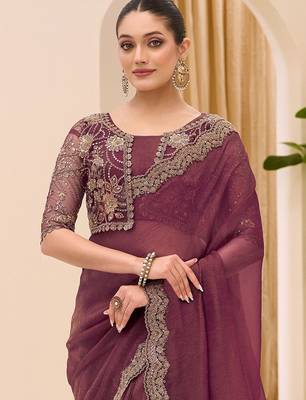 purple sequinned tissue saree with blouse 4