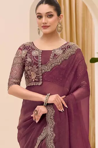 purple sequinned tissue saree with blouse
