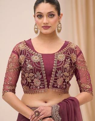purple sequinned tissue saree with blouse 5