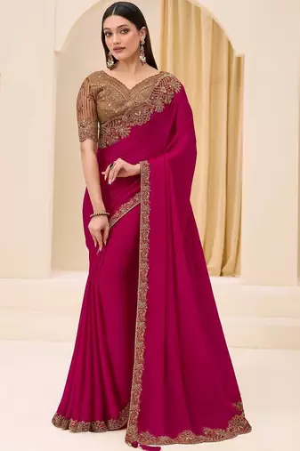 rani_pink pink satin ethnic embellished festive wear matching blouse sarees