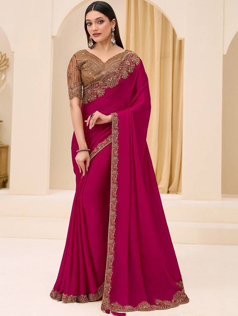 rani_pink pink satin ethnic embellished festive wear matching blouse sarees