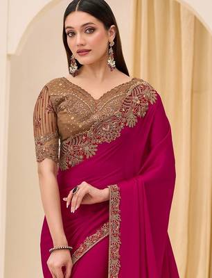 rani_pink pink satin ethnic embellished festive wear matching blouse sarees 2
