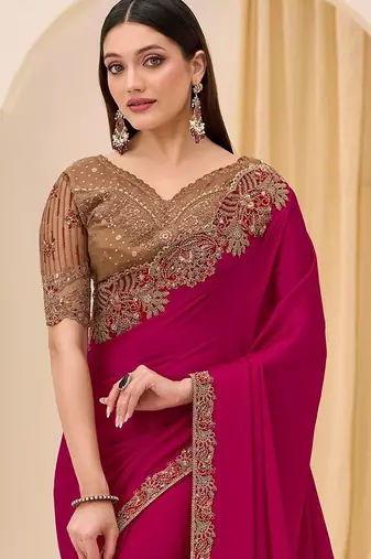 rani_pink pink satin ethnic embellished festive wear matching blouse sarees