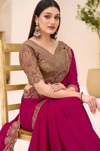 rani_pink pink satin ethnic embellished festive wear matching blouse sarees