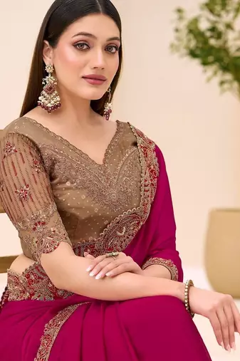 rani_pink pink satin ethnic embellished festive wear matching blouse sarees