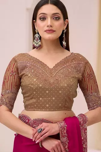 rani_pink pink satin ethnic embellished festive wear matching blouse sarees
