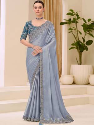 grey embellished sequinned satin designer saree 1
