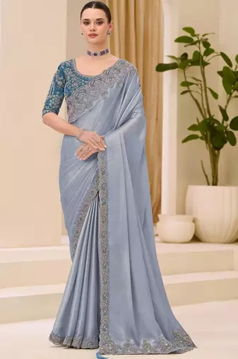 grey embellished sequinned satin designer saree