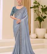 grey embellished sequinned satin designer saree