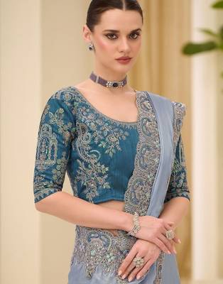grey embellished sequinned satin designer saree 2