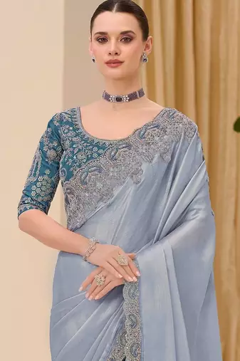 grey embellished sequinned satin designer saree