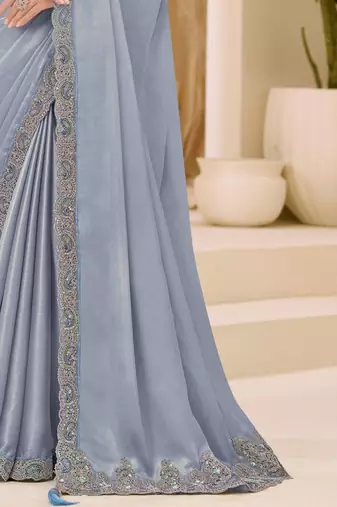 grey embellished sequinned satin designer saree