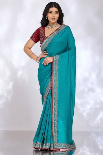 teal embellished embroidered silk blend heavy work saree