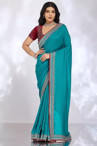 teal embellished embroidered silk blend heavy work saree