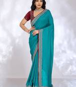 teal embellished embroidered silk blend heavy work saree