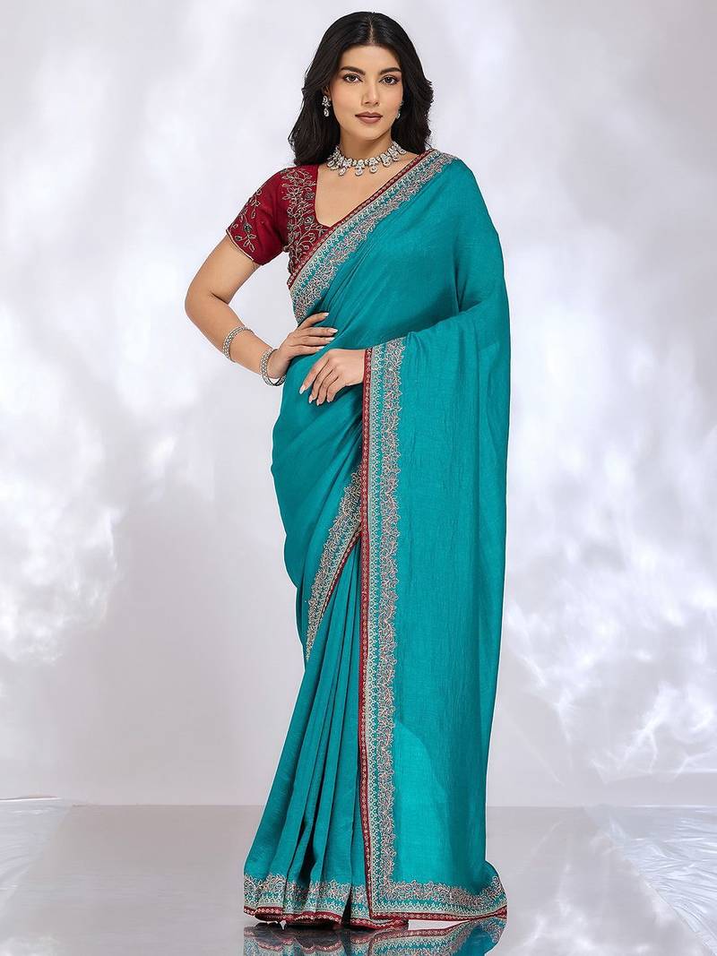 teal embellished embroidered silk blend heavy work saree