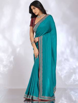 teal embellished embroidered silk blend heavy work saree 2
