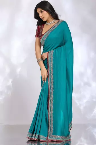 teal embellished embroidered silk blend heavy work saree