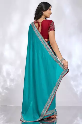 teal embellished embroidered silk blend heavy work saree