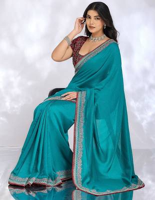teal embellished embroidered silk blend heavy work saree 4
