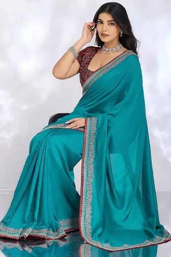 teal embellished embroidered silk blend heavy work saree
