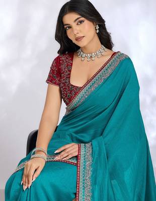 teal embellished embroidered silk blend heavy work saree 5