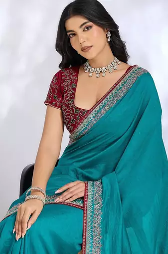 teal embellished embroidered silk blend heavy work saree