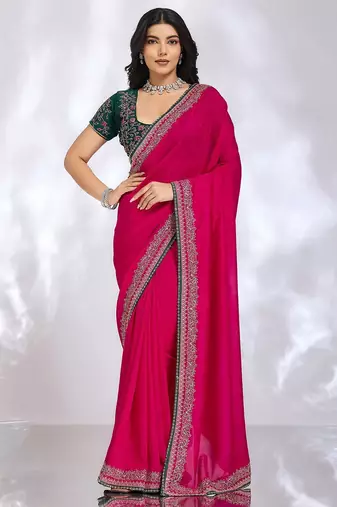 magenta embellished embroidered silk blend heavy work saree