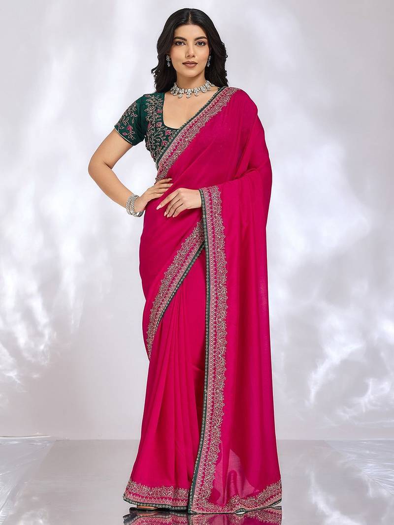 magenta embellished embroidered silk blend heavy work saree