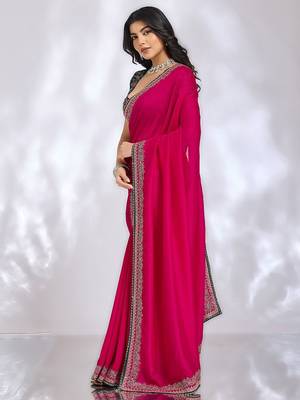 magenta embellished embroidered silk blend heavy work saree 2