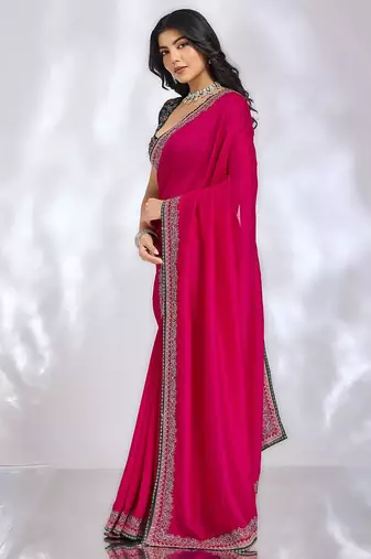 magenta embellished embroidered silk blend heavy work saree