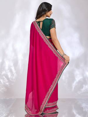 magenta embellished embroidered silk blend heavy work saree 3