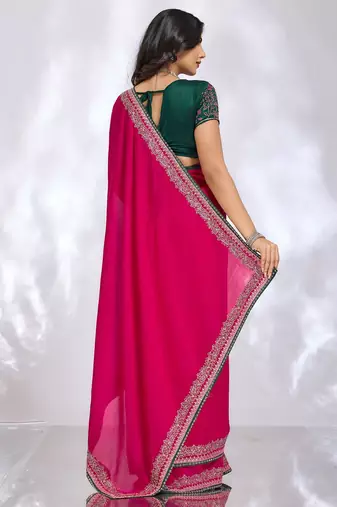magenta embellished embroidered silk blend heavy work saree