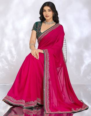 magenta embellished embroidered silk blend heavy work saree 4