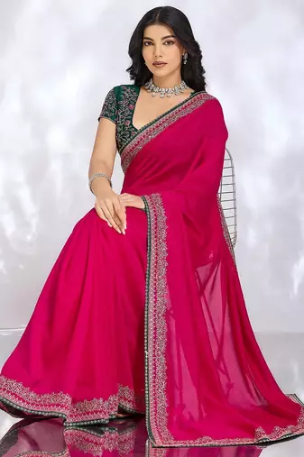 magenta embellished embroidered silk blend heavy work saree