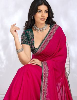 magenta embellished embroidered silk blend heavy work saree 5
