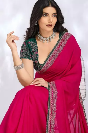 magenta embellished embroidered silk blend heavy work saree