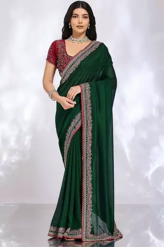 green embellished embroidered silk blend heavy work saree