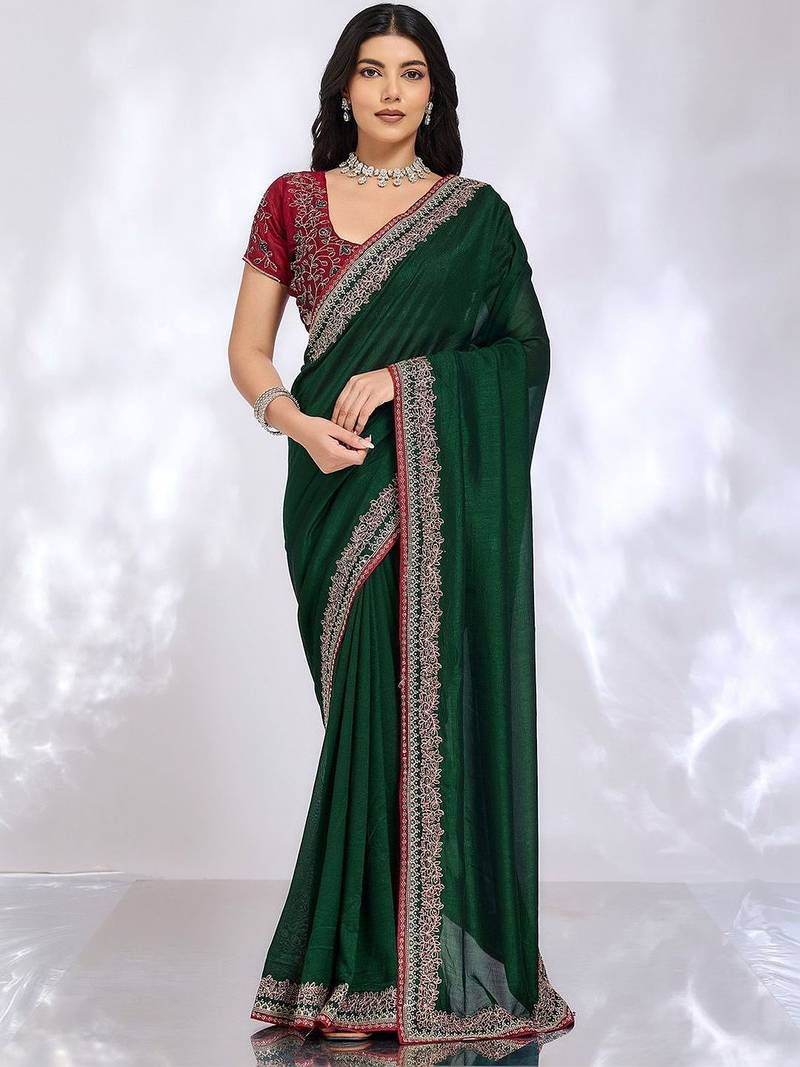 green embellished embroidered silk blend heavy work saree