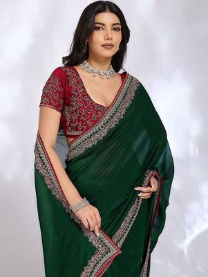 green embellished embroidered silk blend heavy work saree 2