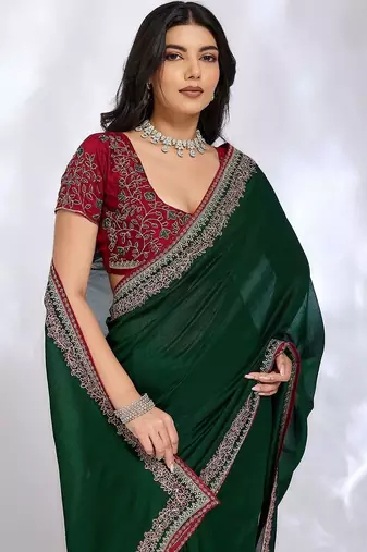 green embellished embroidered silk blend heavy work saree
